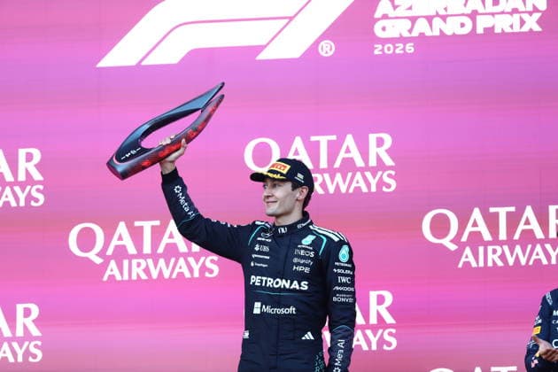 George Russell wins Azerbaijan Grand Prix BAKU, AZERBAIJAN - SEPTEMBER 26: Mercedes driver George Russell celebrates after winning the Azerbaijan Grand Prix, the 15th race of the 2026 Formula 1 World Championship, WM, Weltmeisterschaft season, in Baku, Azerbaijan, on September 26, 2026. Resul Rehimov Anadolu Baku Azerbaijan. Editorial use only. Please get in touch for any other usage.  Copyright: x2026xAnadoluxResulxRehimovx