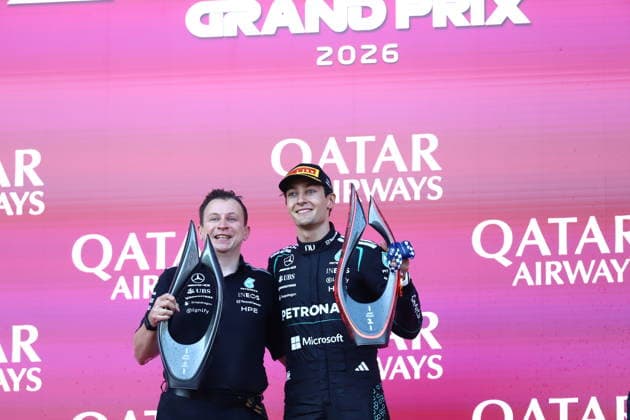 George Russell wins Azerbaijan Grand Prix BAKU, AZERBAIJAN - SEPTEMBER 26: Mercedes driver George Russell (R) celebrates after winning the Azerbaijan Grand Prix, the 15th race of the 2026 Formula 1 World Championship, WM, Weltmeisterschaft season, in Baku, Azerbaijan, on September 26, 2026. Resul Rehimov Anadolu Baku Azerbaijan. Editorial use only. Please get in touch for any other usage.  Copyright: x2026xAnadoluxResulxRehimovx