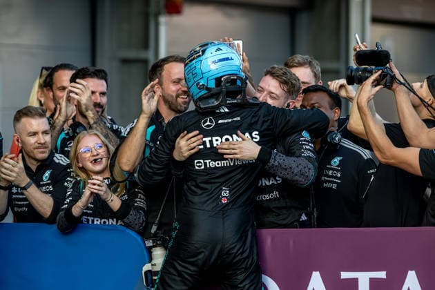 BAKU, AZERBAIJAN: George Russell wins the Azerbaijan Grand Prix from Max Verstappen and Isack Hadjar during the 2026 Formula 1 Azerbaijan Grand Prix at the Baku City Circuit in Baku, Azerbaijan