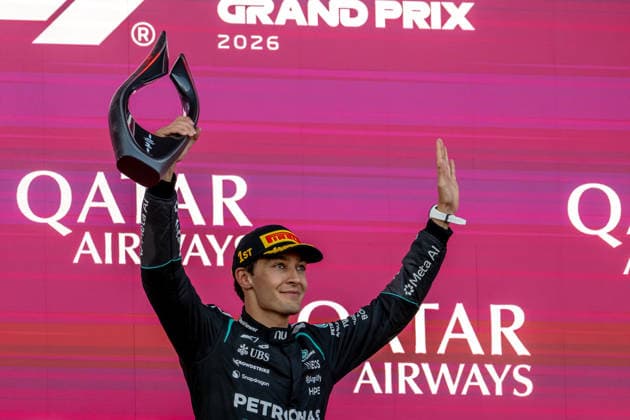 BAKU, AZERBAIJAN: George Russell wins the Azerbaijan Grand Prix from Max Verstappen and Isack Hadjar during the 2026 Formula 1 Azerbaijan Grand Prix at the Baku City Circuit in Baku, Azerbaijan