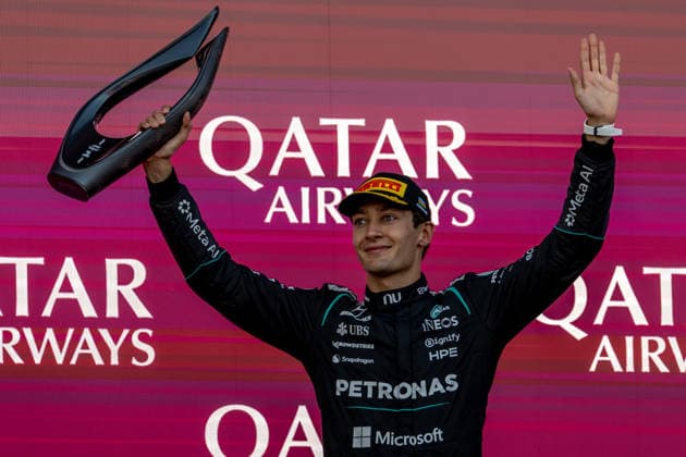 BAKU, AZERBAIJAN: George Russell wins the Azerbaijan Grand Prix from Max Verstappen and Isack Hadjar during the 2026 Formula 1 Azerbaijan Grand Prix at the Baku City Circuit in Baku, Azerbaijan