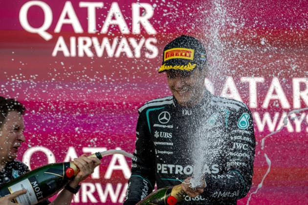 BAKU, AZERBAIJAN: George Russell wins the Azerbaijan Grand Prix from Max Verstappen and Isack Hadjar during the 2026 Formula 1 Azerbaijan Grand Prix at the Baku City Circuit in Baku, Azerbaijan
