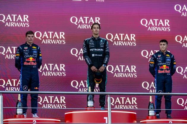 BAKU, AZERBAIJAN: George Russell wins the Azerbaijan Grand Prix from Max Verstappen and Isack Hadjar during the 2026 Formula 1 Azerbaijan Grand Prix at the Baku City Circuit in Baku, Azerbaijan
