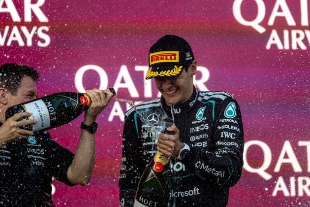 BAKU, AZERBAIJAN: George Russell wins the Azerbaijan Grand Prix from Max Verstappen and Isack Hadjar during the 2026 Formula 1 Azerbaijan Grand Prix at the Baku City Circuit in Baku, Azerbaijan