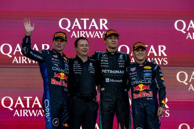 BAKU, AZERBAIJAN: George Russell wins the Azerbaijan Grand Prix from Max Verstappen and Isack Hadjar during the 2026 Formula 1 Azerbaijan Grand Prix at the Baku City Circuit in Baku, Azerbaijan