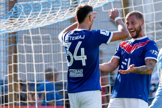 From left: Goal scorer Mehdi Hetemaj (VfR Mannheim), 34; Mart Ristl (VfR Mannheim), 23; VfR Mannheim players celebrating the goal that made the score 5–1, Celebration, goal celebration, scoring a goal, celebrating the goal, goal, celebration, celebrating the goal, joy, happiness, happy, optimistic, positive, game scene, highlight, action, 09 26 2026, Mannheim, Germany, soccer, Regionalliga Südwest, VfR Mannheim, SG Barockstadt, Fulda, Lehnerz xozx