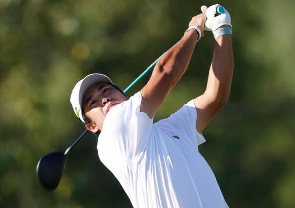 International team player Hideki Matsuyama of Japan tees off on the fourth hole in a four-ball match during the third round of the 2026 President s Cup golf tournament at Medinah Country Club in Chicago, Illinois, on Saturday, September 26, 2026.  CHI20260926721 TANNENxMAURY