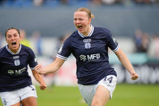 September 26, 2026, Hänsch Arena, Meppen, GER, Women s Soccer, DFB Cup: SV Meppen vs. Hamburger SV, Bente Marie Bode of SV Meppen 14 celebrates after scoring the 1–0 goal. DFL REGULATIONS PROHIBIT ANY USE OF PHOTOGRAPHS AS IMAGE SEQUENCES AND OR QUASI-VIDEO. Meppen, Lower Saxony, Hänsch Arena