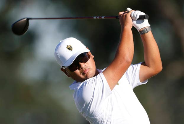 International team player Ryo Hisatsune of Japan tees off on the fifth hole in a four-ball match during the third round of the 2026 President s Cup golf tournament at Medinah Country Club in Chicago, Illinois, on Saturday, September 26, 2026.  CHI20260926726 TANNENxMAURY