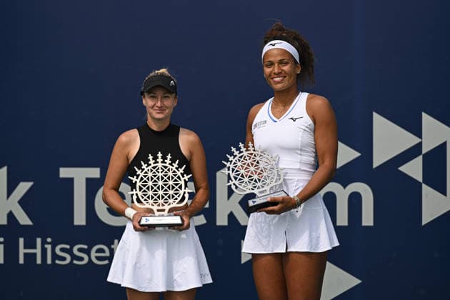 Ankara Open WTA, Tennis Damen 125 Tennis Tournament ANKARA, TURKIYE - SEPTEMBER 26: Polish Weronika Falkowska and American Alana Smith (not seen) compete against Slovenian Dalila Jakupovic (R) and Swiss Naima Karamoko (L) during the doubles final of the Turk Telekom Ankara Open WTA 125 tennis tournament hosted by Topspin Tennis Academy Bilkent in Ankara, Turkiye, on September 26, 2026. Harun Ozalp Anadolu Ankara Turkey. Editorial use only. Please get in touch for any other usage.  Copyright: x2026xAnadoluxHarunxOzalpx