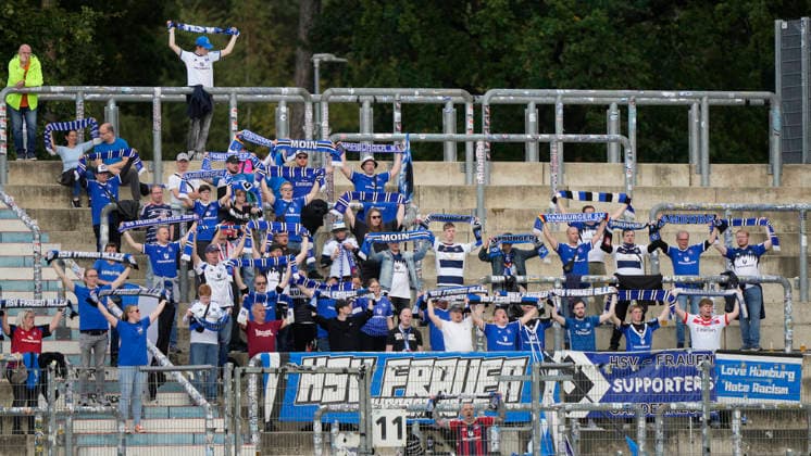 September 26, 2026, Hänsch Arena, Meppen, GER, Women s Soccer, DFB Cup: SV Meppen vs. Hamburger SV, the HSV fans in the visitors section. DFL REGULATIONS PROHIBIT ANY USE OF PHOTOGRAPHS AS IMAGE SEQUENCES AND OR QUASI-VIDEO. Meppen, Lower Saxony, Hänsch Arena