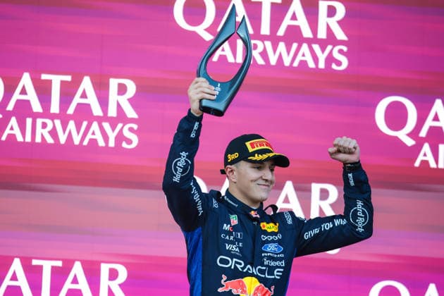 F1 - AZERBAIJAIN GRAND PRIX 2026 HADJAR Isack (fra), Red Bull Racing Ford RB22, portrait podium celebration during the 2026 Formula 1 Azerbaijan Grand Prix, 15th round of the 2026 Formula One World Championship, WM, Weltmeisterschaft from September 24 to 26, 2026 on the Baku City Circuit, in Baku, Azerbaijan - BakuAzerbaijan  Copyright: xEricxAlonsox