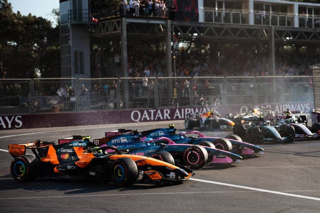 F1 - AZERBAIJAIN GRAND PRIX 2026 01 NORRIS Lando (gbr), McLaren F1 Team MCL40, action, 43 COLAPINTO Franco (arg), Alpine F1 Team A526, action, 10 GASLY Pierre (fra), Alpine F1 Team A526, action, 30 LAWSON Liam (nzl), Visa Cash App RB F1 Team VCARB03, action, 41 LINDBLAD Arvid (gbr), Visa Cash App RB F1 Team VCARB03, action crash after the restart during the 2026 Formula 1 Azerbaijan Grand Prix, 15th round of the 2026 Formula One World Championship, WM, Weltmeisterschaft from September 24 to 26, 2026 on the Baku City Circuit, in Baku, Azerbaijan - BakuAzerbaijan Copyright: xEricxAlonsox