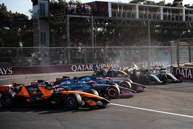 F1 - AZERBAIJAIN GRAND PRIX 2026 01 NORRIS Lando (gbr), McLaren F1 Team MCL40, action, 43 COLAPINTO Franco (arg), Alpine F1 Team A526, action, 10 GASLY Pierre (fra), Alpine F1 Team A526, action, 30 LAWSON Liam (nzl), Visa Cash App RB F1 Team VCARB03, action, 41 LINDBLAD Arvid (gbr), Visa Cash App RB F1 Team VCARB03, action crash after the restart during the 2026 Formula 1 Azerbaijan Grand Prix, 15th round of the 2026 Formula One World Championship, WM, Weltmeisterschaft from September 24 to 26, 2026 on the Baku City Circuit, in Baku, Azerbaijan - BakuAzerbaijan Copyright: xEricxAlonsox