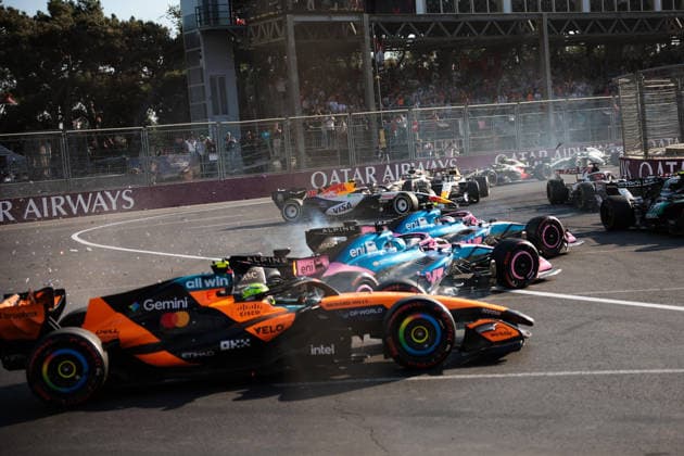 F1 - AZERBAIJAIN GRAND PRIX 2026 01 NORRIS Lando (gbr), McLaren F1 Team MCL40, action, 43 COLAPINTO Franco (arg), Alpine F1 Team A526, action, 10 GASLY Pierre (fra), Alpine F1 Team A526, action, 30 LAWSON Liam (nzl), Visa Cash App RB F1 Team VCARB03, action, 41 LINDBLAD Arvid (gbr), Visa Cash App RB F1 Team VCARB03, action crash after the restart during the 2026 Formula 1 Azerbaijan Grand Prix, 15th round of the 2026 Formula One World Championship, WM, Weltmeisterschaft from September 24 to 26, 2026 on the Baku City Circuit, in Baku, Azerbaijan - BakuAzerbaijan Copyright: xEricxAlonsox