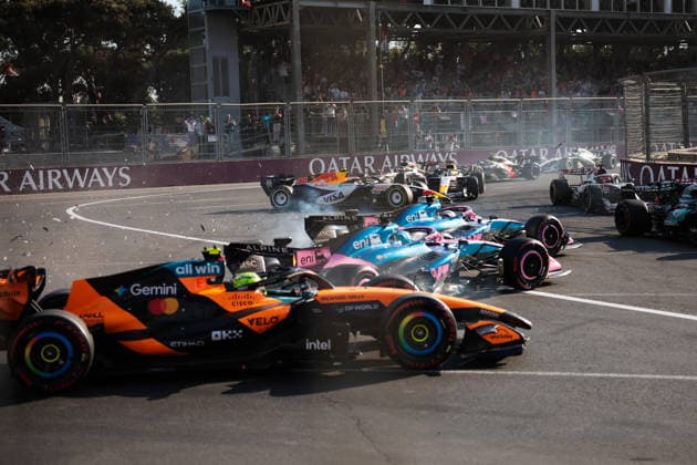 F1 - AZERBAIJAIN GRAND PRIX 2026 01 NORRIS Lando (gbr), McLaren F1 Team MCL40, action, 43 COLAPINTO Franco (arg), Alpine F1 Team A526, action, 10 GASLY Pierre (fra), Alpine F1 Team A526, action, 30 LAWSON Liam (nzl), Visa Cash App RB F1 Team VCARB03, action, 41 LINDBLAD Arvid (gbr), Visa Cash App RB F1 Team VCARB03, action crash after the restart during the 2026 Formula 1 Azerbaijan Grand Prix, 15th round of the 2026 Formula One World Championship, WM, Weltmeisterschaft from September 24 to 26, 2026 on the Baku City Circuit, in Baku, Azerbaijan - BakuAzerbaijan Copyright: xEricxAlonsox