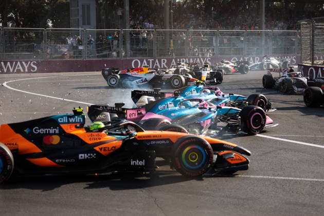 F1 - AZERBAIJAIN GRAND PRIX 2026 01 NORRIS Lando (gbr), McLaren F1 Team MCL40, action, 43 COLAPINTO Franco (arg), Alpine F1 Team A526, action, 10 GASLY Pierre (fra), Alpine F1 Team A526, action, 30 LAWSON Liam (nzl), Visa Cash App RB F1 Team VCARB03, action, 41 LINDBLAD Arvid (gbr), Visa Cash App RB F1 Team VCARB03, action crash after the restart during the 2026 Formula 1 Azerbaijan Grand Prix, 15th round of the 2026 Formula One World Championship, WM, Weltmeisterschaft from September 24 to 26, 2026 on the Baku City Circuit, in Baku, Azerbaijan - BakuAzerbaijan Copyright: xEricxAlonsox