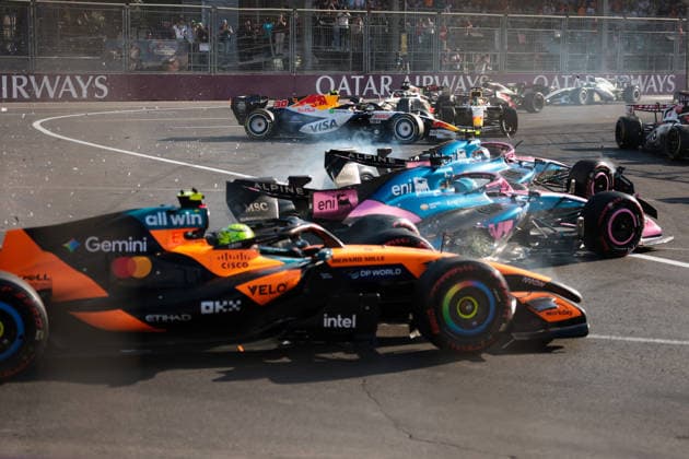 F1 - AZERBAIJAIN GRAND PRIX 2026 01 NORRIS Lando (gbr), McLaren F1 Team MCL40, action, 43 COLAPINTO Franco (arg), Alpine F1 Team A526, action, 10 GASLY Pierre (fra), Alpine F1 Team A526, action, 30 LAWSON Liam (nzl), Visa Cash App RB F1 Team VCARB03, action, 41 LINDBLAD Arvid (gbr), Visa Cash App RB F1 Team VCARB03, action crash after the restart during the 2026 Formula 1 Azerbaijan Grand Prix, 15th round of the 2026 Formula One World Championship, WM, Weltmeisterschaft from September 24 to 26, 2026 on the Baku City Circuit, in Baku, Azerbaijan - BakuAzerbaijan Copyright: xEricxAlonsox