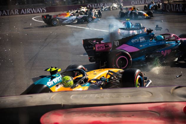 F1 - AZERBAIJAIN GRAND PRIX 2026 01 NORRIS Lando (gbr), McLaren F1 Team MCL40, action, 43 COLAPINTO Franco (arg), Alpine F1 Team A526, action, 10 GASLY Pierre (fra), Alpine F1 Team A526, action, 30 LAWSON Liam (nzl), Visa Cash App RB F1 Team VCARB03, action, 41 LINDBLAD Arvid (gbr), Visa Cash App RB F1 Team VCARB03, action crash after the restart during the 2026 Formula 1 Azerbaijan Grand Prix, 15th round of the 2026 Formula One World Championship, WM, Weltmeisterschaft from September 24 to 26, 2026 on the Baku City Circuit, in Baku, Azerbaijan - BakuAzerbaijan Copyright: xEricxAlonsox