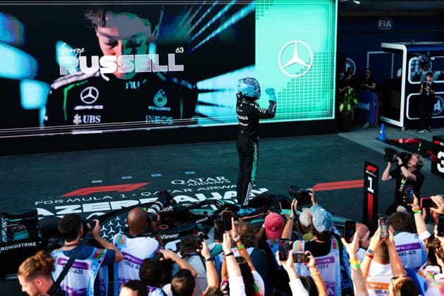 F1 - AZERBAIJAIN GRAND PRIX 2026 RUSSELL George (gbr), Mercedes AMG F1 Team W17, portrait win Parc ferme celebration during the 2026 Formula 1 Azerbaijan Grand Prix, 15th round of the 2026 Formula One World Championship, WM, Weltmeisterschaft from September 24 to 26, 2026 on the Baku City Circuit, in Baku, Azerbaijan - BakuAzerbaijan  Copyright: xEricxAlonsox