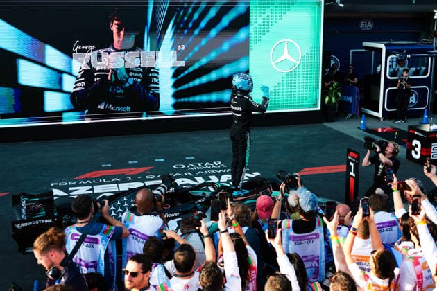 F1 - AZERBAIJAIN GRAND PRIX 2026 RUSSELL George (gbr), Mercedes AMG F1 Team W17, portrait win Parc ferme celebration during the 2026 Formula 1 Azerbaijan Grand Prix, 15th round of the 2026 Formula One World Championship, WM, Weltmeisterschaft from September 24 to 26, 2026 on the Baku City Circuit, in Baku, Azerbaijan - BakuAzerbaijan  Copyright: xEricxAlonsox