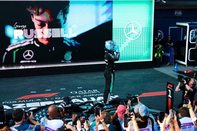 F1 - AZERBAIJAIN GRAND PRIX 2026 RUSSELL George (gbr), Mercedes AMG F1 Team W17, portrait win Parc ferme celebration during the 2026 Formula 1 Azerbaijan Grand Prix, 15th round of the 2026 Formula One World Championship, WM, Weltmeisterschaft from September 24 to 26, 2026 on the Baku City Circuit, in Baku, Azerbaijan - BakuAzerbaijan  Copyright: xEricxAlonsox