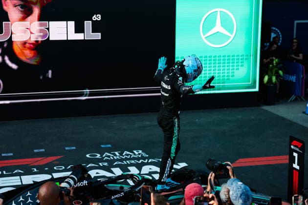 F1 - AZERBAIJAIN GRAND PRIX 2026 RUSSELL George (gbr), Mercedes AMG F1 Team W17, portrait win Parc ferme celebration during the 2026 Formula 1 Azerbaijan Grand Prix, 15th round of the 2026 Formula One World Championship, WM, Weltmeisterschaft from September 24 to 26, 2026 on the Baku City Circuit, in Baku, Azerbaijan - BakuAzerbaijan  Copyright: xEricxAlonsox