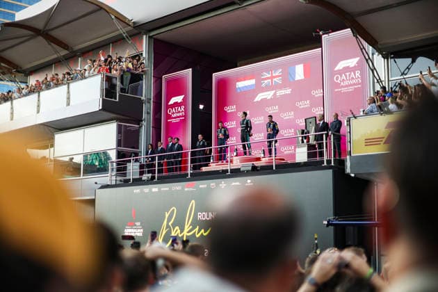 F1 - AZERBAIJAIN GRAND PRIX 2026 Podium RUSSELL George (gbr), Mercedes AMG F1 Team W17, portrait VERSTAPPEN Max (nld), Red Bull Racing Ford RB22, portrait HADJAR Isack (fra), Red Bull Racing Ford RB22, portrait during the 2026 Formula 1 Azerbaijan Grand Prix, 15th round of the 2026 Formula One World Championship, WM, Weltmeisterschaft from September 24 to 26, 2026 on the Baku City Circuit, in Baku, Azerbaijan - BakuAzerbaijan Copyright: xXavixBonillax