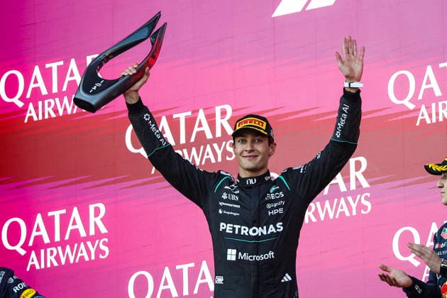 F1 - AZERBAIJAIN GRAND PRIX 2026 RUSSELL George (gbr), Mercedes AMG F1 Team W17, portrait podium trophy during the 2026 Formula 1 Azerbaijan Grand Prix, 15th round of the 2026 Formula One World Championship, WM, Weltmeisterschaft from September 24 to 26, 2026 on the Baku City Circuit, in Baku, Azerbaijan - BakuAzerbaijan  Copyright: xXavixBonillax