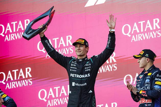 F1 - AZERBAIJAIN GRAND PRIX 2026 RUSSELL George (gbr), Mercedes AMG F1 Team W17, portrait podium trophy during the 2026 Formula 1 Azerbaijan Grand Prix, 15th round of the 2026 Formula One World Championship, WM, Weltmeisterschaft from September 24 to 26, 2026 on the Baku City Circuit, in Baku, Azerbaijan - BakuAzerbaijan  Copyright: xXavixBonillax