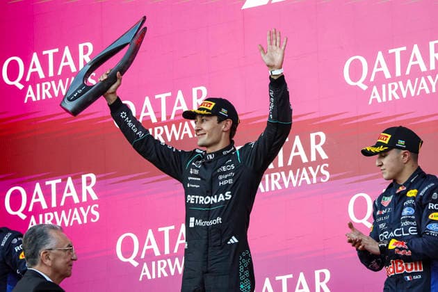 F1 - AZERBAIJAIN GRAND PRIX 2026 RUSSELL George (gbr), Mercedes AMG F1 Team W17, portrait podium trophy during the 2026 Formula 1 Azerbaijan Grand Prix, 15th round of the 2026 Formula One World Championship, WM, Weltmeisterschaft from September 24 to 26, 2026 on the Baku City Circuit, in Baku, Azerbaijan - BakuAzerbaijan  Copyright: xXavixBonillax