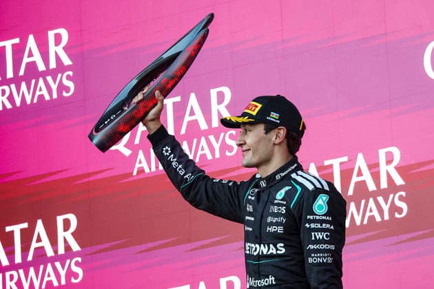 F1 - AZERBAIJAIN GRAND PRIX 2026 RUSSELL George (gbr), Mercedes AMG F1 Team W17, portrait podium trophy during the 2026 Formula 1 Azerbaijan Grand Prix, 15th round of the 2026 Formula One World Championship, WM, Weltmeisterschaft from September 24 to 26, 2026 on the Baku City Circuit, in Baku, Azerbaijan - BakuAzerbaijan  Copyright: xXavixBonillax