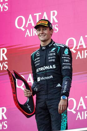 F1 - AZERBAIJAIN GRAND PRIX 2026 RUSSELL George (gbr), Mercedes AMG F1 Team W17, portrait podium trophy during the 2026 Formula 1 Azerbaijan Grand Prix, 15th round of the 2026 Formula One World Championship, WM, Weltmeisterschaft from September 24 to 26, 2026 on the Baku City Circuit, in Baku, Azerbaijan - BakuAzerbaijan  Copyright: xXavixBonillax