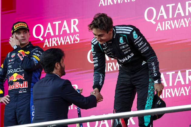 F1 - AZERBAIJAIN GRAND PRIX 2026 RUSSELL George (gbr), Mercedes AMG F1 Team W17, portrait podium BEN SULAYEM Mohammed (uae), President of the FIA, portrait during the 2026 Formula 1 Azerbaijan Grand Prix, 15th round of the 2026 Formula One World Championship, WM, Weltmeisterschaft from September 24 to 26, 2026 on the Baku City Circuit, in Baku, Azerbaijan - BakuAzerbaijan Copyright: xXavixBonillax