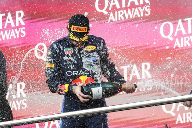 F1 - AZERBAIJAIN GRAND PRIX 2026 VERSTAPPEN Max (nld), Red Bull Racing Ford RB22, portrait podium Moet during the 2026 Formula 1 Azerbaijan Grand Prix, 15th round of the 2026 Formula One World Championship, WM, Weltmeisterschaft from September 24 to 26, 2026 on the Baku City Circuit, in Baku, Azerbaijan - BakuAzerbaijan  Copyright: xXavixBonillax