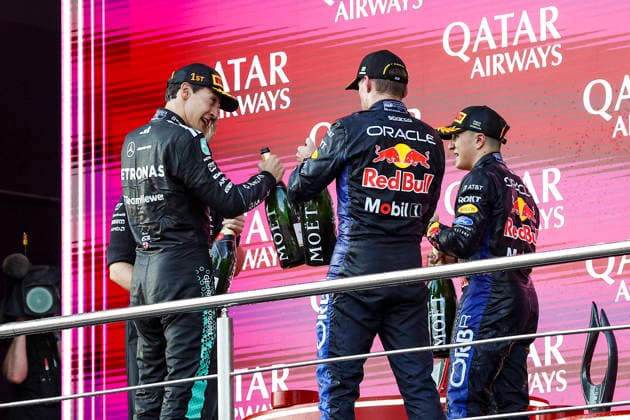 F1 - AZERBAIJAIN GRAND PRIX 2026 RUSSELL George (gbr), Mercedes AMG F1 Team W17, portrait VERSTAPPEN Max (nld), Red Bull Racing Ford RB22, portrait HADJAR Isack (fra), Red Bull Racing Ford RB22, portrait Moet podium during the 2026 Formula 1 Azerbaijan Grand Prix, 15th round of the 2026 Formula One World Championship, WM, Weltmeisterschaft from September 24 to 26, 2026 on the Baku City Circuit, in Baku, Azerbaijan - BakuAzerbaijan Copyright: xXavixBonillax