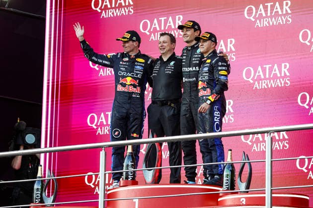 F1 - AZERBAIJAIN GRAND PRIX 2026 VERSTAPPEN Max (nld), Red Bull Racing Ford RB22, portrait RUSSELL George (gbr), Mercedes AMG F1 Team W17, portrait HADJAR Isack (fra), Red Bull Racing Ford RB22, portrait podium during the 2026 Formula 1 Azerbaijan Grand Prix, 15th round of the 2026 Formula One World Championship, WM, Weltmeisterschaft from September 24 to 26, 2026 on the Baku City Circuit, in Baku, Azerbaijan - BakuAzerbaijan Copyright: xXavixBonillax