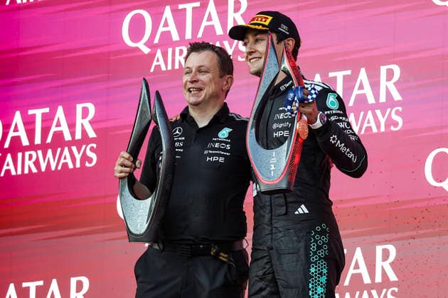 F1 - AZERBAIJAIN GRAND PRIX 2026 RUSSELL George (gbr), Mercedes AMG F1 Team W17, portrait podium during the 2026 Formula 1 Azerbaijan Grand Prix, 15th round of the 2026 Formula One World Championship, WM, Weltmeisterschaft from September 24 to 26, 2026 on the Baku City Circuit, in Baku, Azerbaijan - BakuAzerbaijan  Copyright: xXavixBonillax