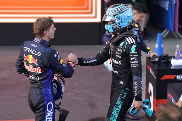 FORMULA 1 AZERBAIJAN GRAND PRIX 2026 George Russell (GBR) 63 Mercedes and Max Verstappen (NED) 3 Red Bull Racing in parc ferme after the race during the Formula 1 Qatar Airways Azerbaijan Grand Prix 2026, Round 15 of the 2026 Formula 1 World Championship, WM, Weltmeisterschaft from 24th - 26th September 2026 at the Baku City Circuit, Baku, Azerbaijan. Credit: Robbie Hoad Every Second Media Editorial use only. All images are copyright Every Second Media Limited. No images may be reproduced without prior permission. Copyright: xIMAGO EveryxSecondxMediax ESM-2183-0468 RobbiexHoadx xEveryxSecondxMediax