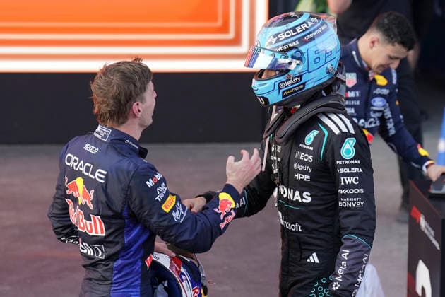 FORMULA 1 AZERBAIJAN GRAND PRIX 2026 George Russell (GBR) 63 Mercedes and Max Verstappen (NED) 3 Red Bull Racing in parc ferme after the race during the Formula 1 Qatar Airways Azerbaijan Grand Prix 2026, Round 15 of the 2026 Formula 1 World Championship, WM, Weltmeisterschaft from 24th - 26th September 2026 at the Baku City Circuit, Baku, Azerbaijan. Credit: Robbie Hoad Every Second Media Editorial use only. All images are copyright Every Second Media Limited. No images may be reproduced without prior permission. Copyright: xIMAGO EveryxSecondxMediax ESM-2183-0469 RobbiexHoadx xEveryxSecondxMediax