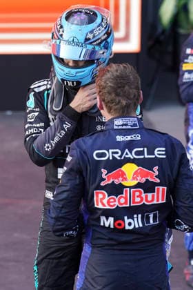 FORMULA 1 AZERBAIJAN GRAND PRIX 2026 George Russell (GBR) 63 Mercedes and Max Verstappen (NED) 3 Red Bull Racing in parc ferme after the race during the Formula 1 Qatar Airways Azerbaijan Grand Prix 2026, Round 15 of the 2026 Formula 1 World Championship, WM, Weltmeisterschaft from 24th - 26th September 2026 at the Baku City Circuit, Baku, Azerbaijan. Credit: Robbie Hoad Every Second Media Editorial use only. All images are copyright Every Second Media Limited. No images may be reproduced without prior permission. Copyright: xIMAGO EveryxSecondxMediax ESM-2183-0470 RobbiexHoadx xEveryxSecondxMediax