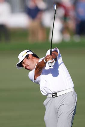 International team player Hideki Matsuyama of Japan hits his second shot on the fifth hole in a four-ball match during the third round of the 2026 President s Cup golf tournament at Medinah Country Club in Chicago, Illinois, on Saturday, September 26, 2026.  CHI20260926727 TANNENxMAURY