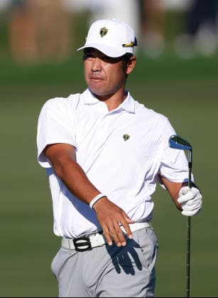 International team player Hideki Matsuyama of Japan reacts after his second shot on the fifth hole in a four-ball match during the third round of the 2026 President s Cup golf tournament at Medinah Country Club in Chicago, Illinois, on Saturday, September 26, 2026.  CHI20260926728 TANNENxMAURY