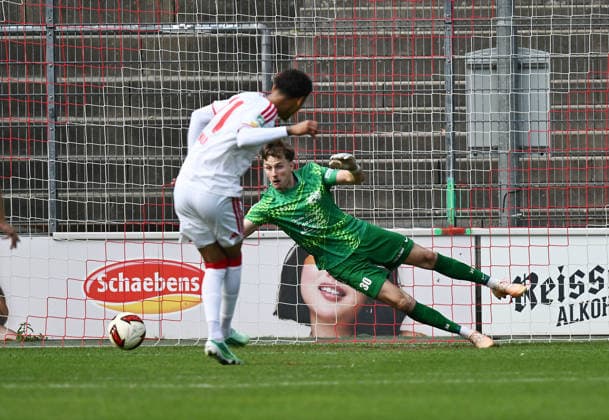 September 26, 2026, xophax, Soccer, Regionalliga West, Matchday 26, Franz Kremer Stadium: 1 FC Köln vs. VFB 03 Hilden. Nilas Kossi Yacobi. 1 FC Köln scores on a penalty kick. Goalie: Yannic Lenze. Hilden, Cologne