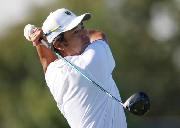 International team player Hideki Matsuyama of Japan tees off on the sixth hole in a four-ball match during the third round of the 2026 President s Cup golf tournament at Medinah Country Club in Chicago, Illinois, on Saturday, September 26, 2026.  CHI20260926736 TANNENxMAURY