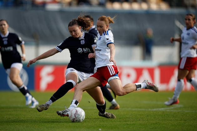 Soccer I Women s I 2026–2027 Season I DFB Cup I SV Meppen vs. Hamburger SV I September 26, 2026 Sarah Hagg 12, SV Meppen’s Carla Morich (10) and Hamburg SV in an intense duel at Meppen’s Hänsch Arena in Lower Saxony, Germany Copyright: xLobeca CedricxSiefkerx
