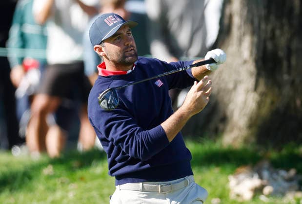 Scottie Scheffler of the United States watches his second shot on the sixth hole in a four-ball match during the third round of the 2026 President s Cup golf tournament at Medinah Country Club in Chicago, Illinois, on Saturday, September 26, 2026.  CHI20260926738 TANNENxMAURY