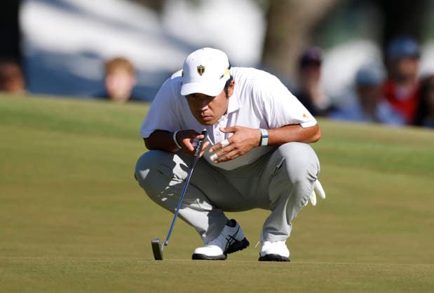 International team player Hideki Matsuyama of Japan lines up a putt on the sixth hole in a four-ball match during the third round of the 2026 President s Cup golf tournament at Medinah Country Club in Chicago, Illinois, on Saturday, September 26, 2026.  CHI20260926741 TANNENxMAURY