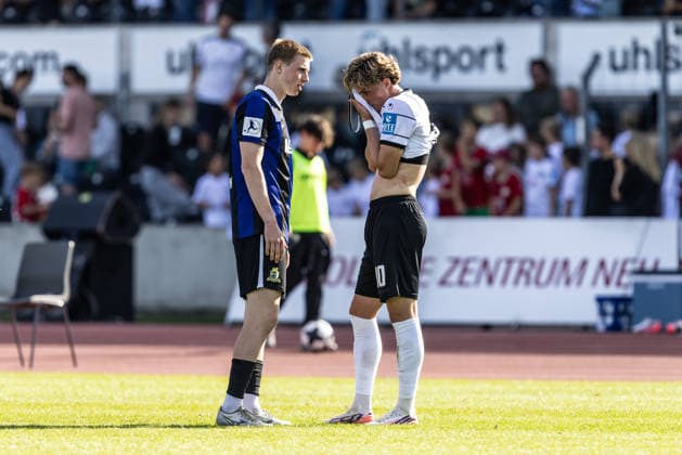 SSV Ulm 1846 Soccer vs. SV Eintracht Trier, Soccer, Regionalliga Südwest, Matchday 9, Donaustadion Ulm, September 26, 2026, after the game (from left): Christopher Waehling, SV Eintracht Trier, 8, Oliver Wähling, SSV Ulm 1846 soccer, 10 SSV Ulm 1846 soccer vs. SV Eintracht Trier, soccer, Regionalliga Southwest, Matchday 9, Donaustadion Ulm, September 26, 2026; Photo by Lucca Fundel; Ulm Donaustadion, Baden-Württemberg, Germany