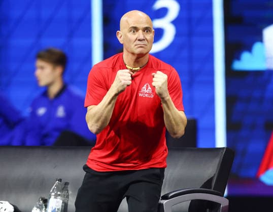2026 Laver Cup, day two, O2 Arena, London,26 09 2026 Laver Cup Team World Captain Andre Agassi (USA) celebrates in the 2026 Laver Cup at the O2 Arena, London London O2 Arena London GBR, UK NEWSPAPERS OUT Copyright: xMarkxGreenwoodx
